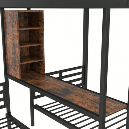 Robustes Etagenbett (140x200 cm + 90x200 cm) – 3-Bett-Kombi mit Seitengittern & Sicherheitsleiter – Praktisch mit Staufächern, 2 Schubladen & Regalen – Schwarzes Multifunktionsbett ohne Matratze