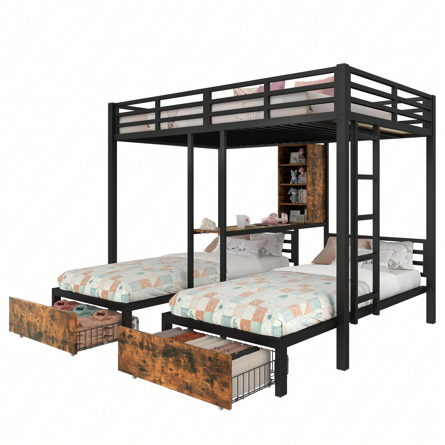 Robustes Etagenbett (140x200 cm + 90x200 cm) – 3-Bett-Kombi mit Seitengittern & Sicherheitsleiter – Praktisch mit Staufächern, 2 Schubladen & Regalen – Schwarzes Multifunktionsbett ohne Matratze