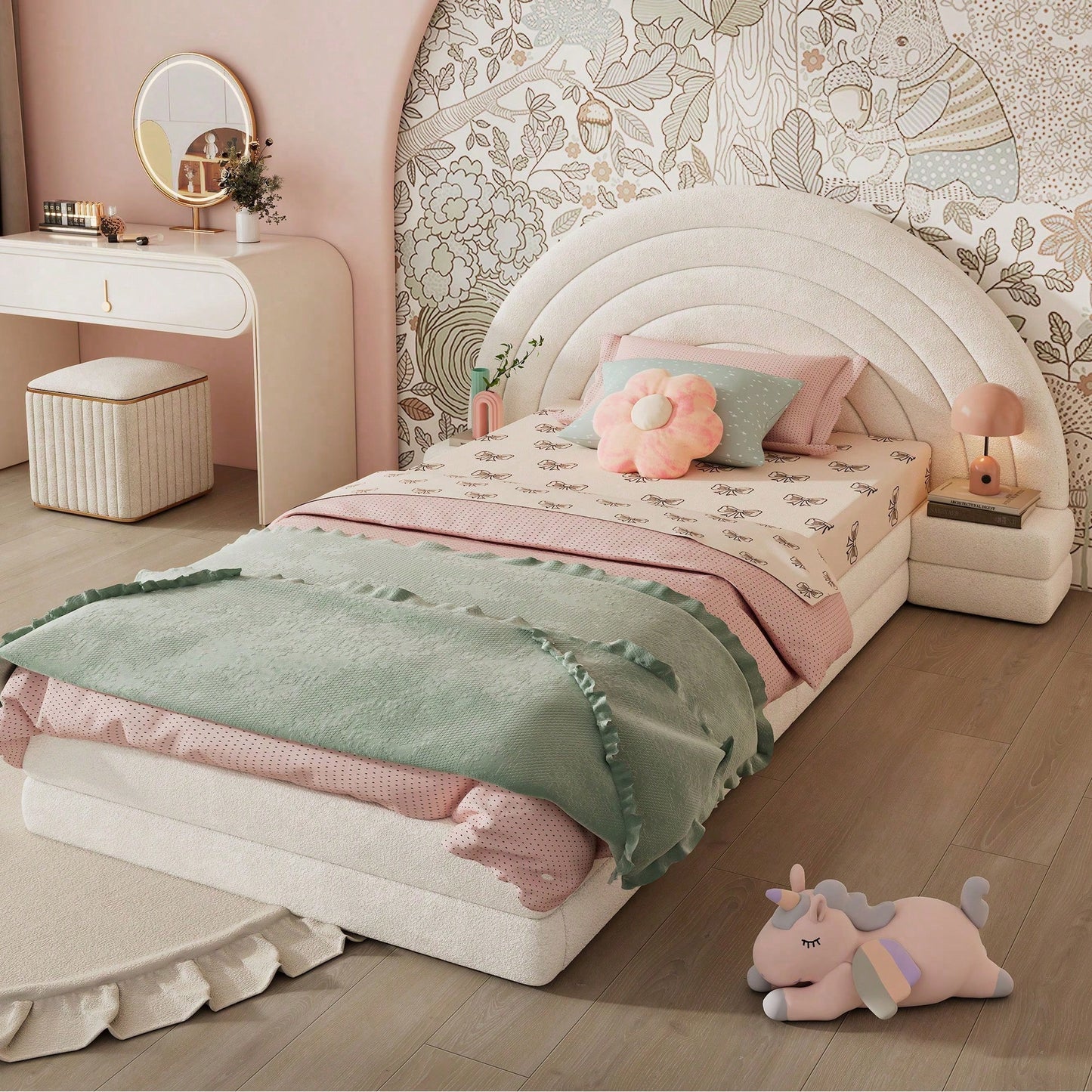 Modernes Einzelbett 90x200 cm in Beige - Exklusives Polsterbett mit Regenbogen-Kopfteil & beidseitigen Nachttischen - Hochwertiges Vliesimitat - Stilvolles & bequemes Bettgestell - Platzsparende Schlafzimmer-Lösung