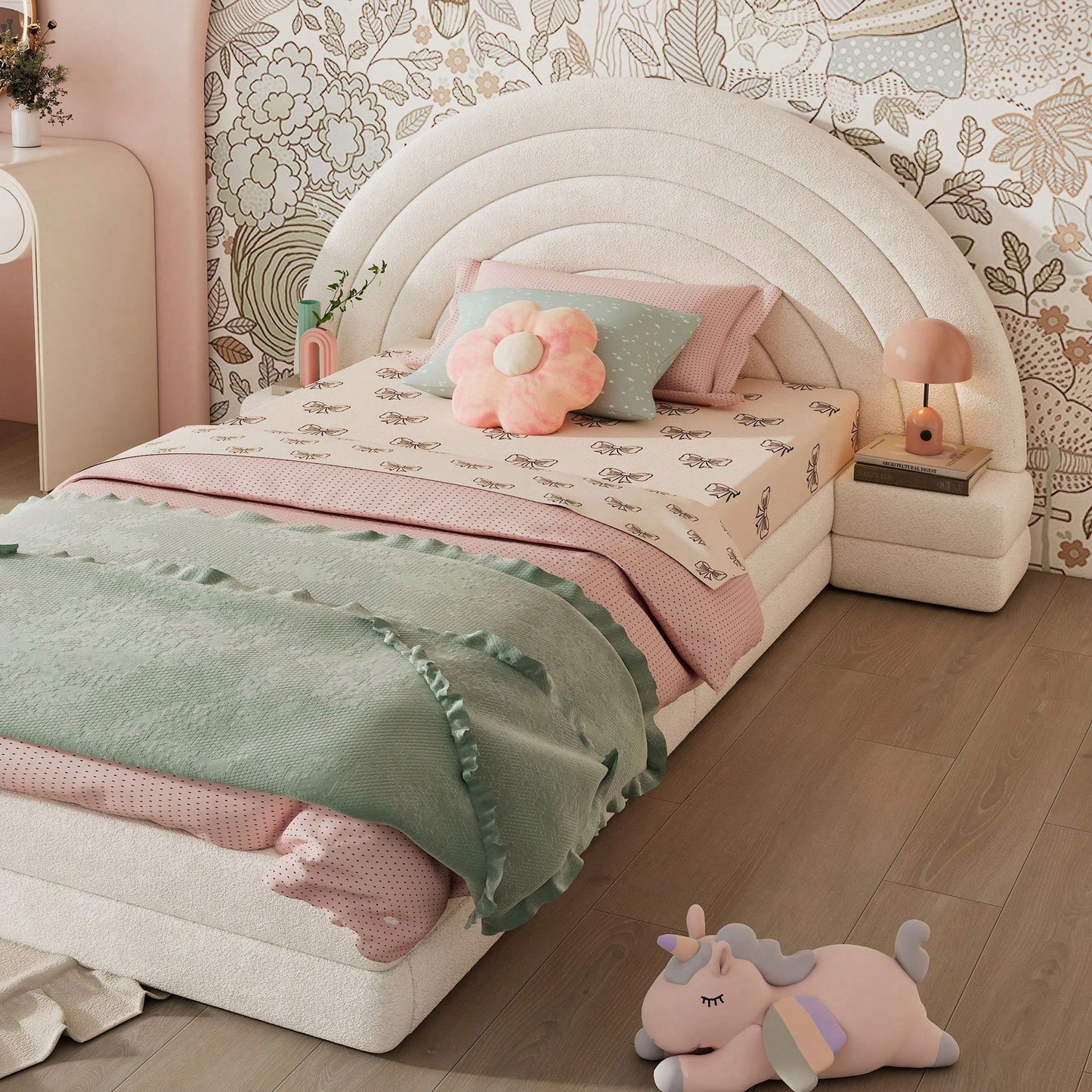 Modernes Einzelbett 90x200 cm in Beige - Exklusives Polsterbett mit Regenbogen-Kopfteil & beidseitigen Nachttischen - Hochwertiges Vliesimitat - Stilvolles & bequemes Bettgestell - Platzsparende Schlafzimmer-Lösung