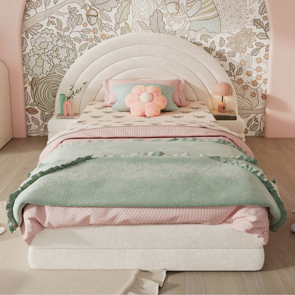 Modernes Einzelbett 90x200 cm in Beige - Exklusives Polsterbett mit Regenbogen-Kopfteil & beidseitigen Nachttischen - Hochwertiges Vliesimitat - Stilvolles & bequemes Bettgestell - Platzsparende Schlafzimmer-Lösung