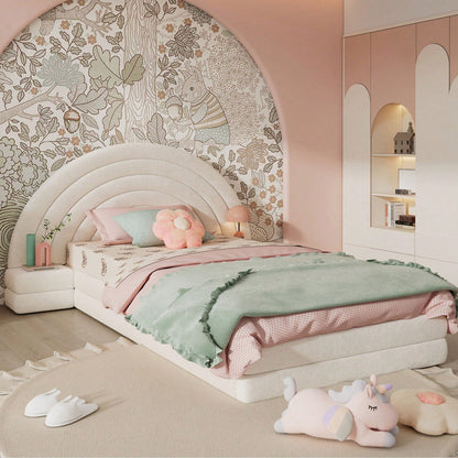 Modernes Einzelbett 90x200 cm in Beige - Exklusives Polsterbett mit Regenbogen-Kopfteil & beidseitigen Nachttischen - Hochwertiges Vliesimitat - Stilvolles & bequemes Bettgestell - Platzsparende Schlafzimmer-Lösung