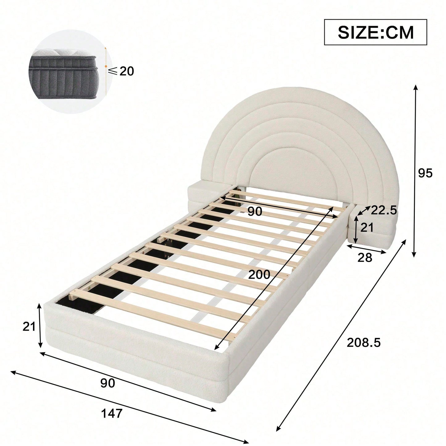 Modernes Einzelbett 90x200 cm in Beige - Exklusives Polsterbett mit Regenbogen-Kopfteil & beidseitigen Nachttischen - Hochwertiges Vliesimitat - Stilvolles & bequemes Bettgestell - Platzsparende Schlafzimmer-Lösung