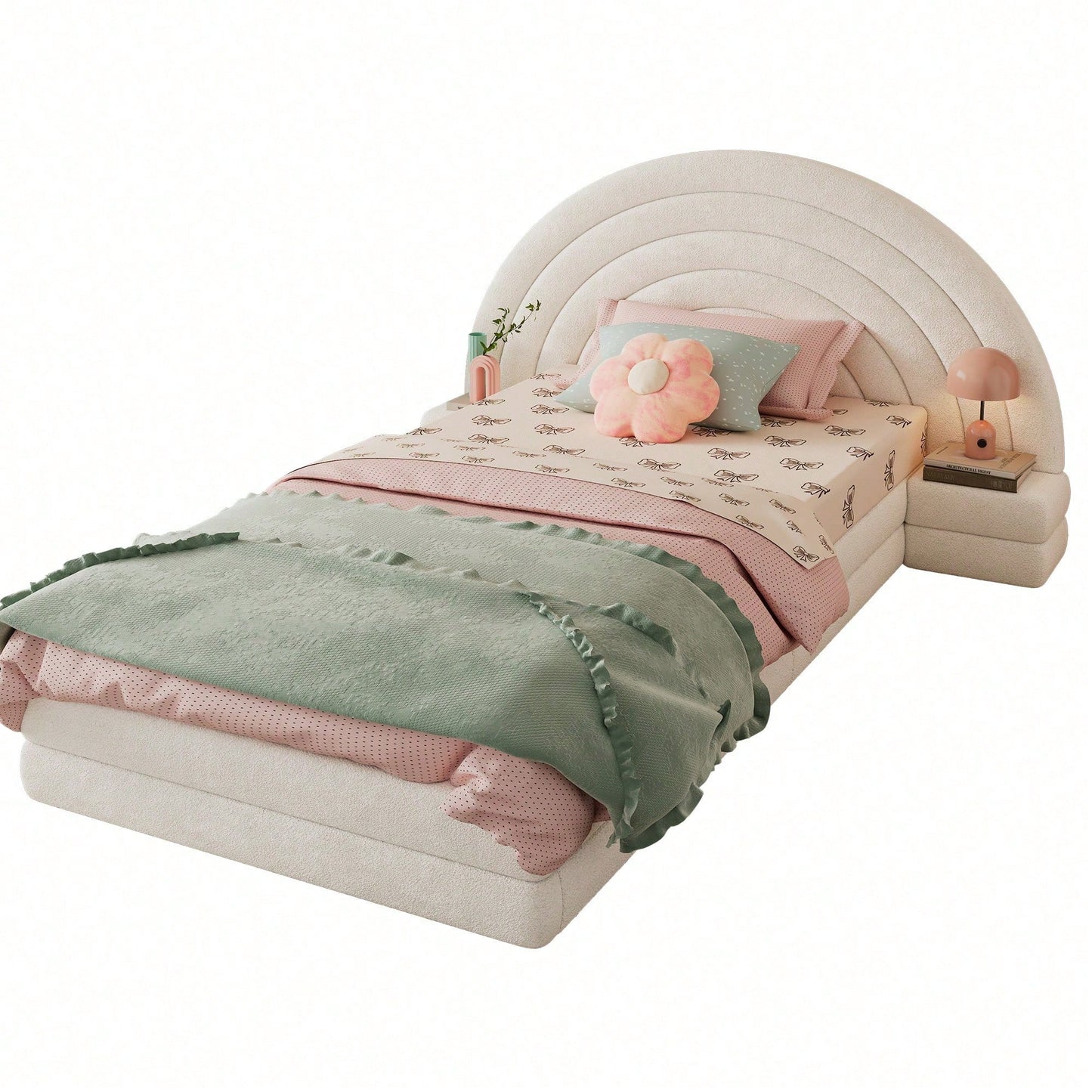 Modernes Einzelbett 90x200 cm in Beige - Exklusives Polsterbett mit Regenbogen-Kopfteil & beidseitigen Nachttischen - Hochwertiges Vliesimitat - Stilvolles & bequemes Bettgestell - Platzsparende Schlafzimmer-Lösung