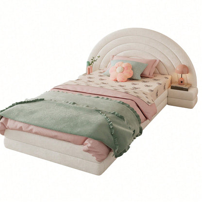 Modernes Einzelbett 90x200 cm in Beige - Exklusives Polsterbett mit Regenbogen-Kopfteil & beidseitigen Nachttischen - Hochwertiges Vliesimitat - Stilvolles & bequemes Bettgestell - Platzsparende Schlafzimmer-Lösung