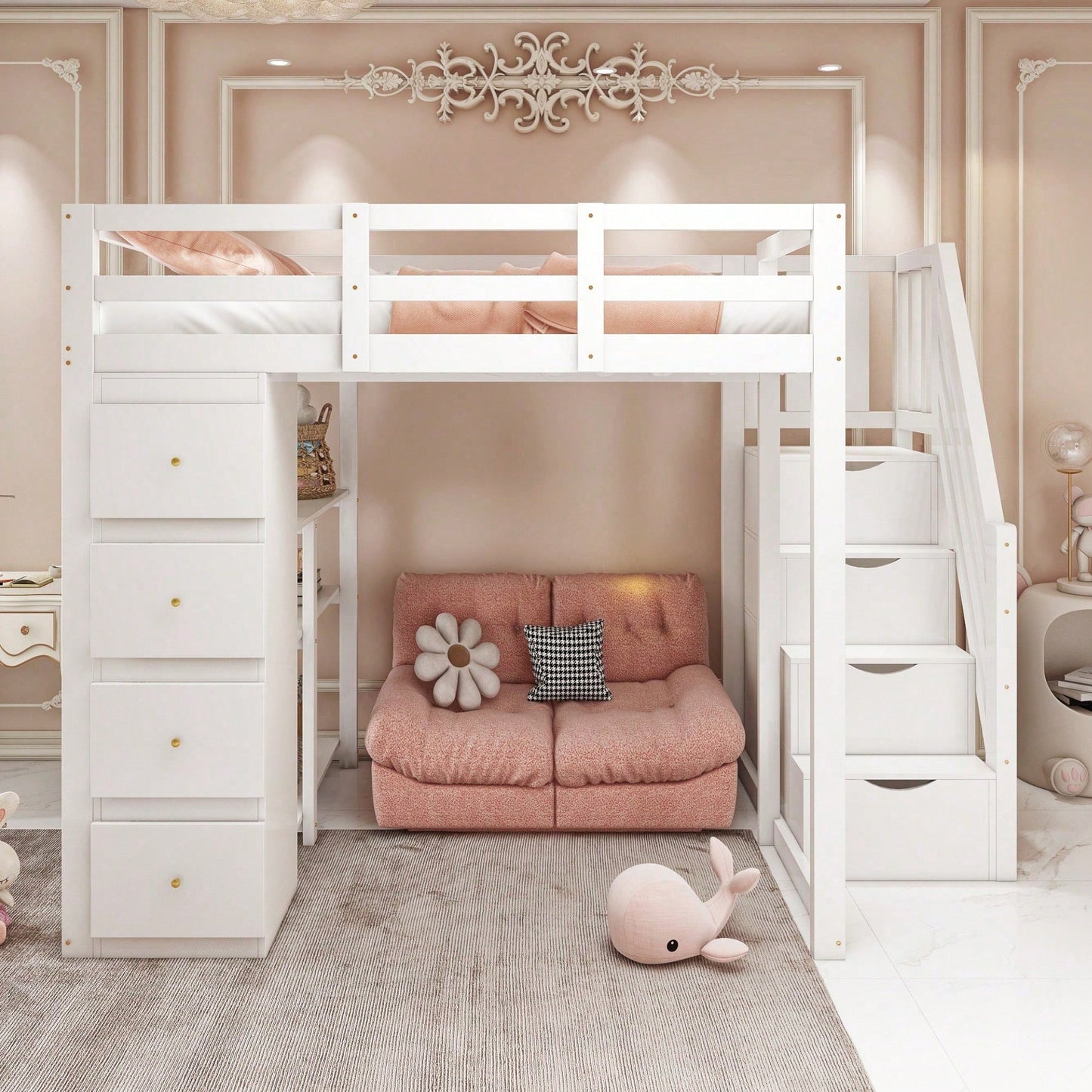 Massivholz-Hochbett 140x200 cm in Weiß - Mit integrierter Kommode & Aufbewahrungsschubladen - Sicherheits-Kletterleiter mit praktischen Staufächern - Multifunktionales Design mit Regalen - SKU: LDB00278AAK
