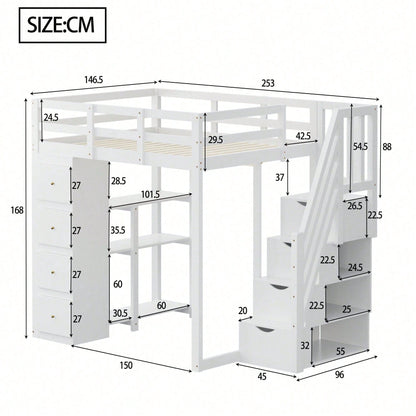 Massivholz-Hochbett 140x200 cm in Weiß - Mit integrierter Kommode & Aufbewahrungsschubladen - Sicherheits-Kletterleiter mit praktischen Staufächern - Multifunktionales Design mit Regalen - SKU: LDB00278AAK