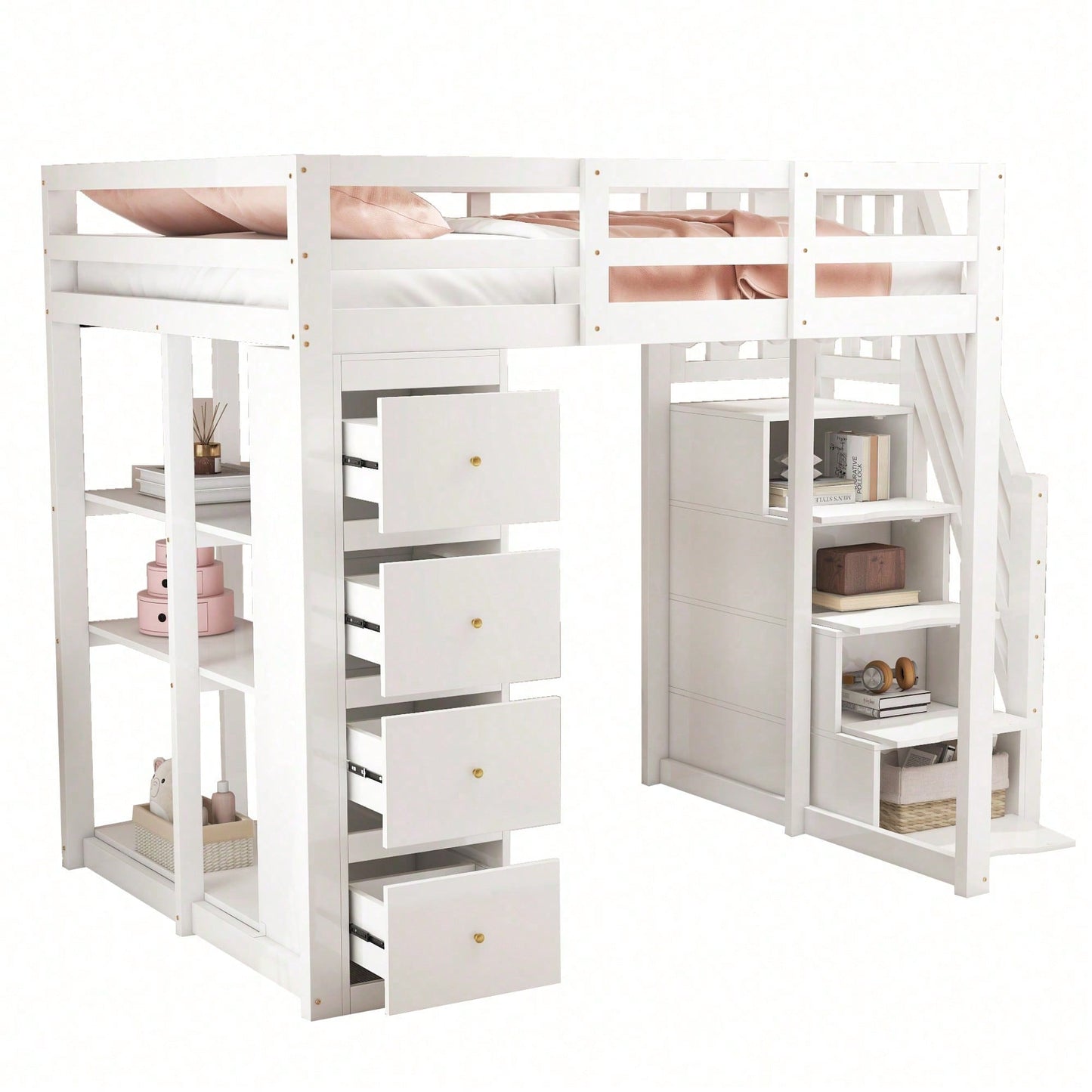 Massivholz-Hochbett 140x200 cm in Weiß - Mit integrierter Kommode & Aufbewahrungsschubladen - Sicherheits-Kletterleiter mit praktischen Staufächern - Multifunktionales Design mit Regalen - SKU: LDB00278AAK