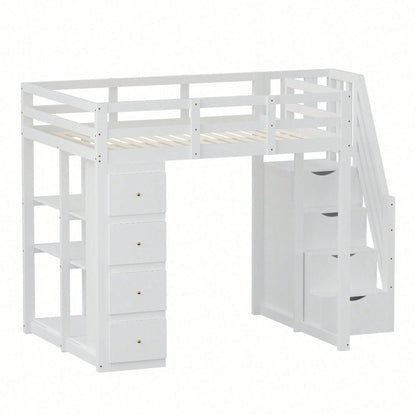 Massivholz-Hochbett 140x200 cm in Weiß - Mit integrierter Kommode & Aufbewahrungsschubladen - Sicherheits-Kletterleiter mit praktischen Staufächern - Multifunktionales Design mit Regalen - SKU: LDB00278AAK