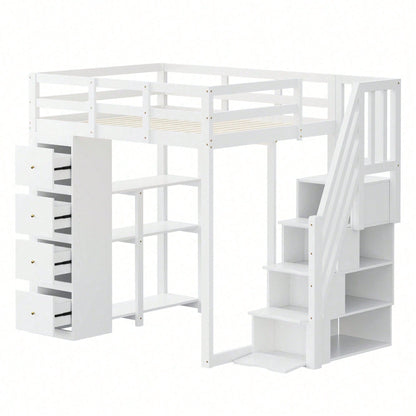 Massivholz-Hochbett 140x200 cm in Weiß - Mit integrierter Kommode & Aufbewahrungsschubladen - Sicherheits-Kletterleiter mit praktischen Staufächern - Multifunktionales Design mit Regalen - SKU: LDB00278AAK