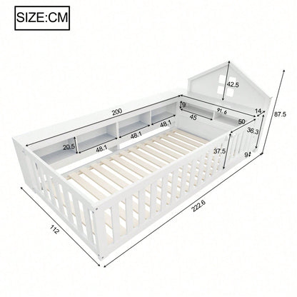 Massivholz-Kinderbett 90x200 cm in Weiß – Mit Dachleiste & Fenster – Praktisches Staufach & Sicherheitsgitter mit Tür – Rundum-Schutz & inkl. Lattenrost – Sicheres Einzelbett fürs Kinderzimmer