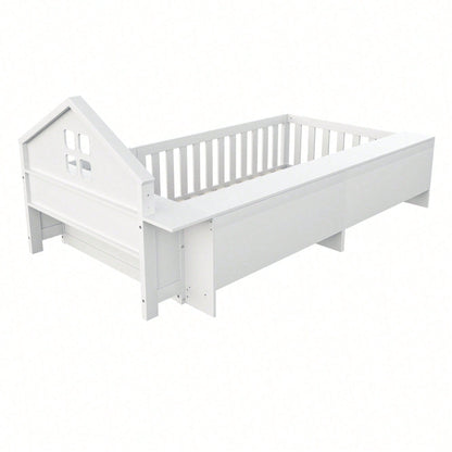 Massivholz-Kinderbett 90x200 cm in Weiß – Mit Dachleiste & Fenster – Praktisches Staufach & Sicherheitsgitter mit Tür – Rundum-Schutz & inkl. Lattenrost – Sicheres Einzelbett fürs Kinderzimmer
