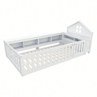 Massivholz-Kinderbett 90x200 cm in Weiß – Mit Dachleiste & Fenster – Praktisches Staufach & Sicherheitsgitter mit Tür – Rundum-Schutz & inkl. Lattenrost – Sicheres Einzelbett fürs Kinderzimmer