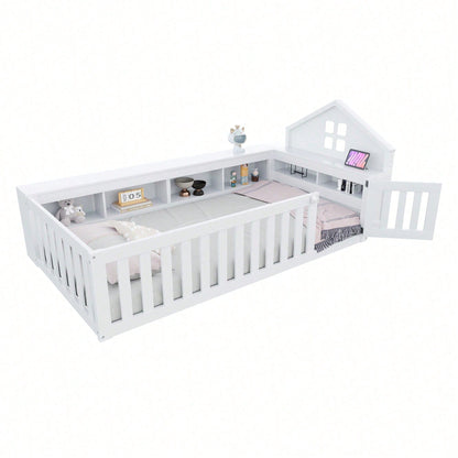 Massivholz-Kinderbett 90x200 cm in Weiß – Mit Dachleiste & Fenster – Praktisches Staufach & Sicherheitsgitter mit Tür – Rundum-Schutz & inkl. Lattenrost – Sicheres Einzelbett fürs Kinderzimmer