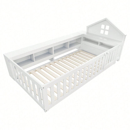 Massivholz-Kinderbett 90x200 cm in Weiß – Mit Dachleiste & Fenster – Praktisches Staufach & Sicherheitsgitter mit Tür – Rundum-Schutz & inkl. Lattenrost – Sicheres Einzelbett fürs Kinderzimmer