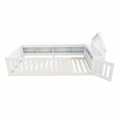 Massivholz-Kinderbett 90x200 cm in Weiß – Mit Dachleiste & Fenster – Praktisches Staufach & Sicherheitsgitter mit Tür – Rundum-Schutz & inkl. Lattenrost – Sicheres Einzelbett fürs Kinderzimmer