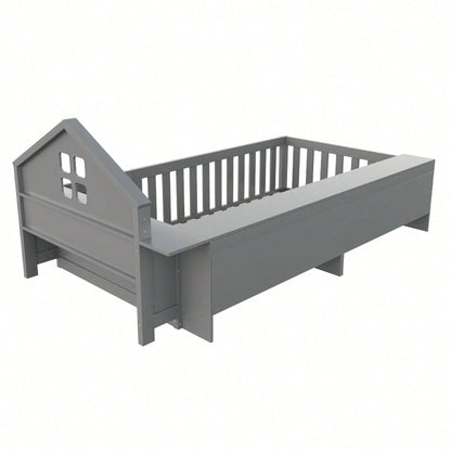 Massivholz-Kinderbett 90x200 cm in Weiß – Mit Dachleiste & Fenster – Praktisches Staufach & Sicherheitsgitter mit Tür – Rundum-Schutz & inkl. Lattenrost – Sicheres Einzelbett fürs Kinderzimmer