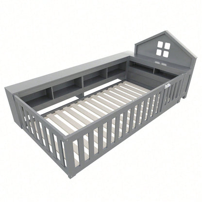 Massivholz-Kinderbett 90x200 cm in Weiß – Mit Dachleiste & Fenster – Praktisches Staufach & Sicherheitsgitter mit Tür – Rundum-Schutz & inkl. Lattenrost – Sicheres Einzelbett fürs Kinderzimmer