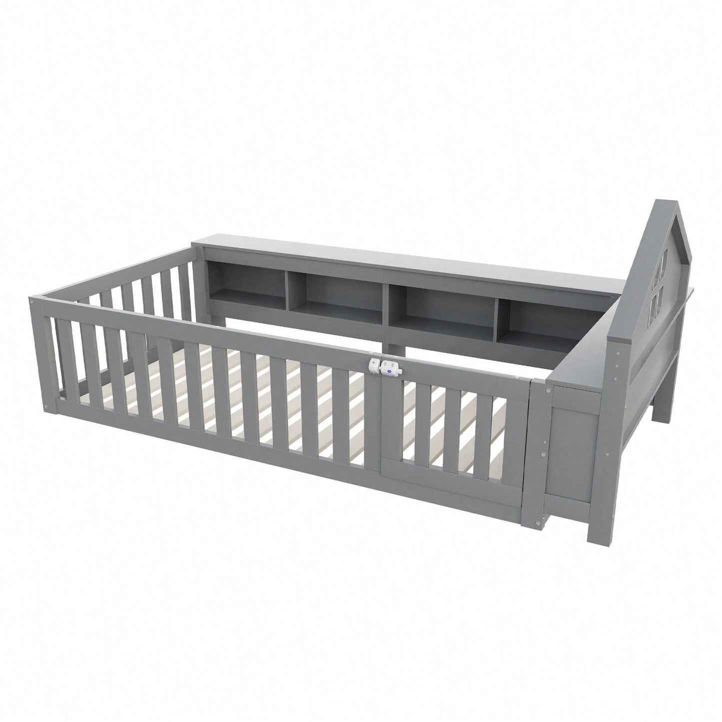 Massivholz-Kinderbett 90x200 cm in Weiß – Mit Dachleiste & Fenster – Praktisches Staufach & Sicherheitsgitter mit Tür – Rundum-Schutz & inkl. Lattenrost – Sicheres Einzelbett fürs Kinderzimmer