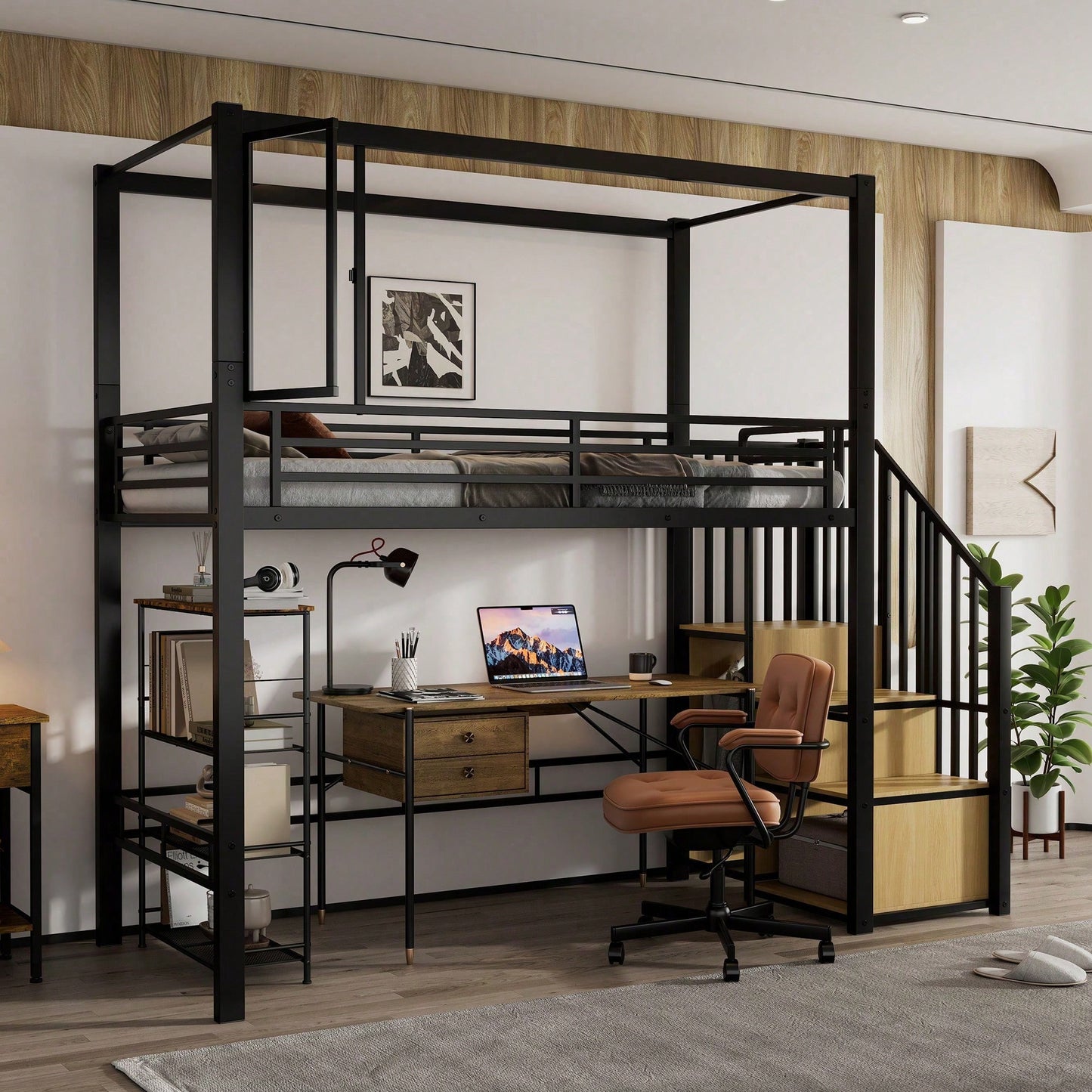 Modernes Hochbett Eisen + MDF in Schwarz/Natur – Mit Treppe inkl. Garderobe & Ablagefächern – Innovatives Acryl-Fenster mit Magnetfunktion – Flexibel nutzbare untere Etage – Sicher & stilvoll