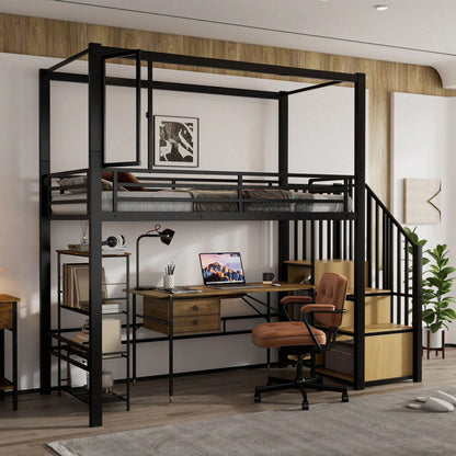 Modernes Hochbett Eisen + MDF in Schwarz/Natur – Mit Treppe inkl. Garderobe & Ablagefächern – Innovatives Acryl-Fenster mit Magnetfunktion – Flexibel nutzbare untere Etage – Sicher & stilvoll