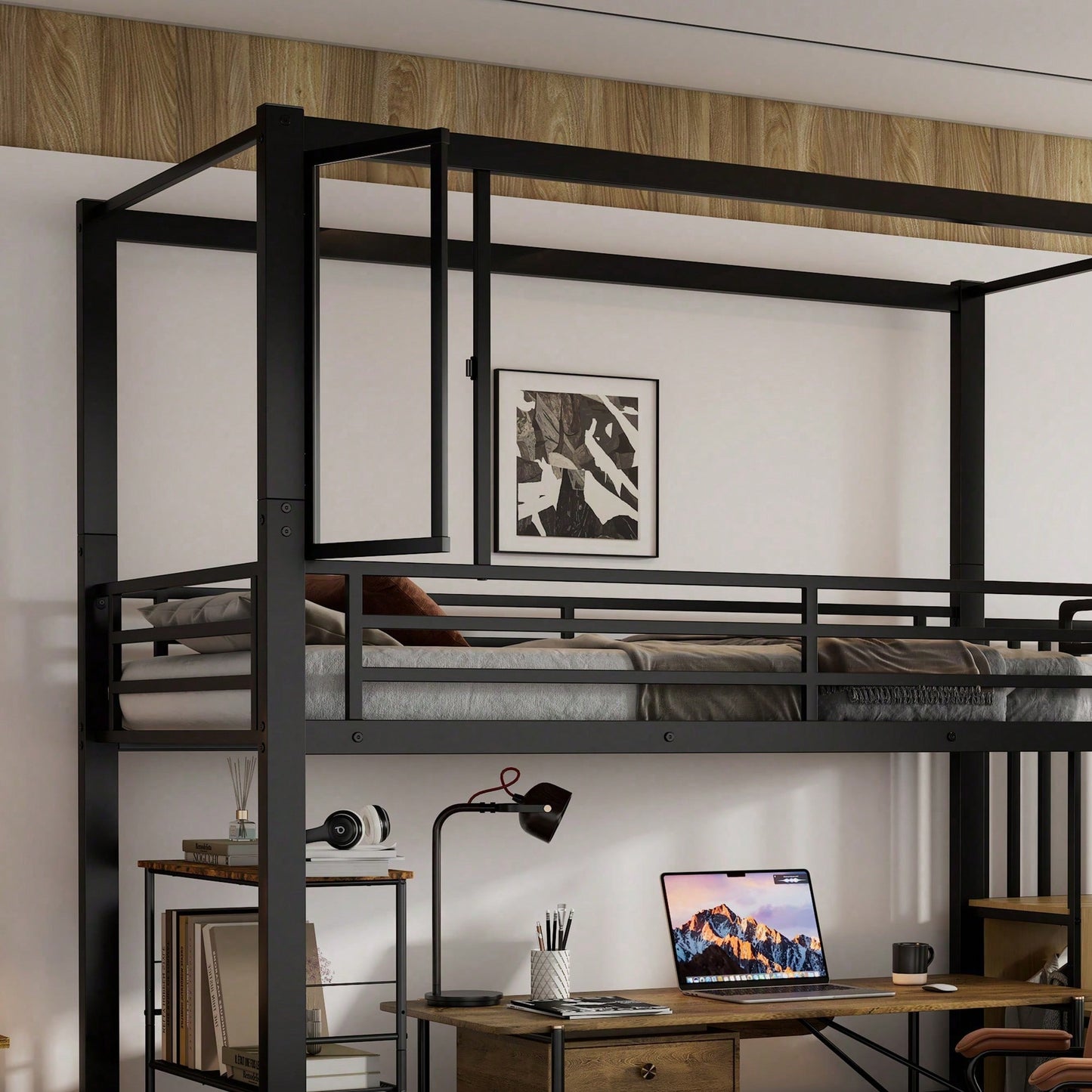 Modernes Hochbett Eisen + MDF in Schwarz/Natur – Mit Treppe inkl. Garderobe & Ablagefächern – Innovatives Acryl-Fenster mit Magnetfunktion – Flexibel nutzbare untere Etage – Sicher & stilvoll