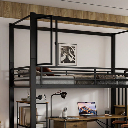 Modernes Hochbett Eisen + MDF in Schwarz/Natur – Mit Treppe inkl. Garderobe & Ablagefächern – Innovatives Acryl-Fenster mit Magnetfunktion – Flexibel nutzbare untere Etage – Sicher & stilvoll