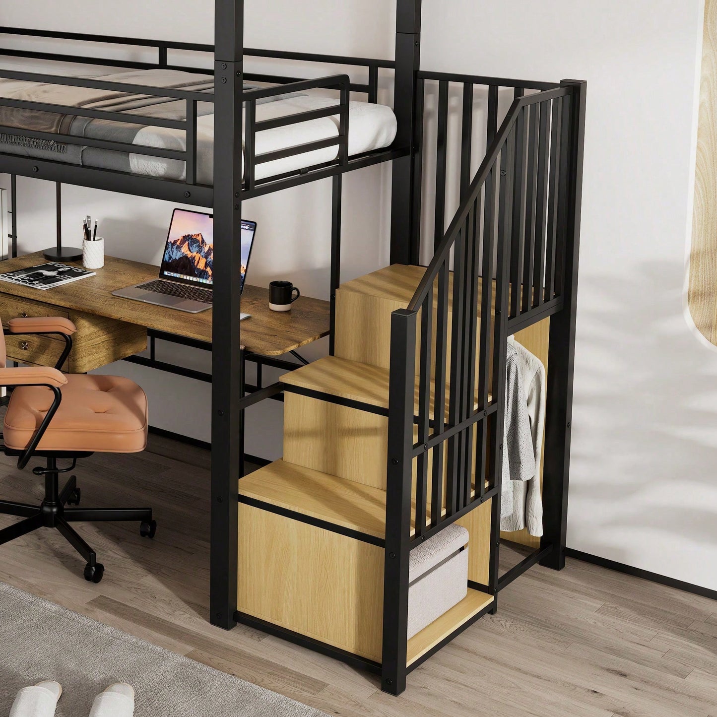 Modernes Hochbett Eisen + MDF in Schwarz/Natur – Mit Treppe inkl. Garderobe & Ablagefächern – Innovatives Acryl-Fenster mit Magnetfunktion – Flexibel nutzbare untere Etage – Sicher & stilvoll