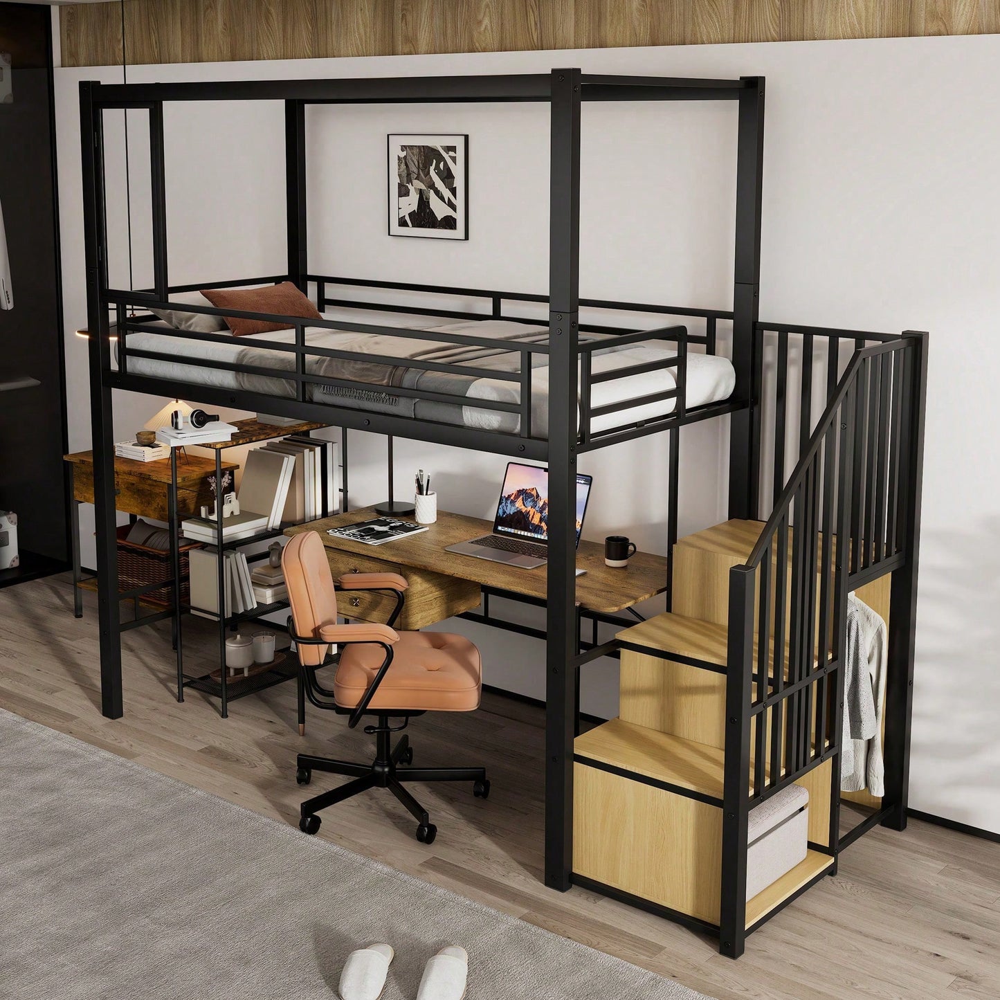 Modernes Hochbett Eisen + MDF in Schwarz/Natur – Mit Treppe inkl. Garderobe & Ablagefächern – Innovatives Acryl-Fenster mit Magnetfunktion – Flexibel nutzbare untere Etage – Sicher & stilvoll