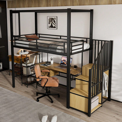 Modernes Hochbett Eisen + MDF in Schwarz/Natur – Mit Treppe inkl. Garderobe & Ablagefächern – Innovatives Acryl-Fenster mit Magnetfunktion – Flexibel nutzbare untere Etage – Sicher & stilvoll