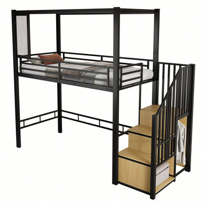 Modernes Hochbett Eisen + MDF in Schwarz/Natur – Mit Treppe inkl. Garderobe & Ablagefächern – Innovatives Acryl-Fenster mit Magnetfunktion – Flexibel nutzbare untere Etage – Sicher & stilvoll