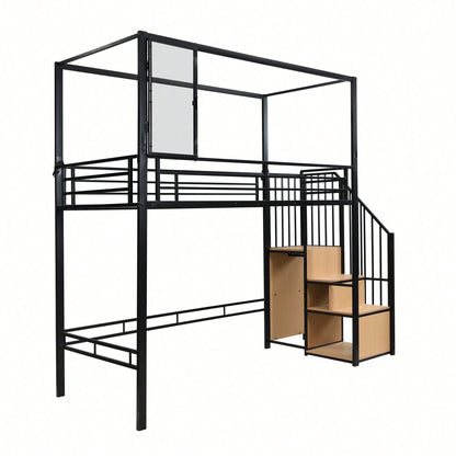 Modernes Hochbett Eisen + MDF in Schwarz/Natur – Mit Treppe inkl. Garderobe & Ablagefächern – Innovatives Acryl-Fenster mit Magnetfunktion – Flexibel nutzbare untere Etage – Sicher & stilvoll