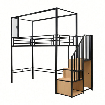 Modernes Hochbett Eisen + MDF in Schwarz/Natur – Mit Treppe inkl. Garderobe & Ablagefächern – Innovatives Acryl-Fenster mit Magnetfunktion – Flexibel nutzbare untere Etage – Sicher & stilvoll