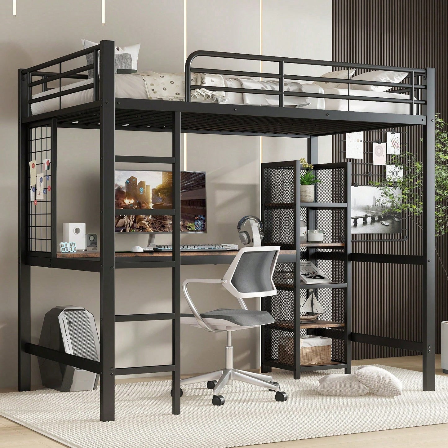 Hochbett 90x200 cm schwarz/dunkelholz - Metallgestell mit MDF-Elementen - Inkl. Schreibtisch & Regalschrank mit Ablageebenen - Sicher mit Metallgitter & stabiler Leiter - Kinderbett, Jugendbett
