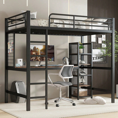 Hochbett 90x200 cm schwarz/dunkelholz - Metallgestell mit MDF-Elementen - Inkl. Schreibtisch & Regalschrank mit Ablageebenen - Sicher mit Metallgitter & stabiler Leiter - Kinderbett, Jugendbett
