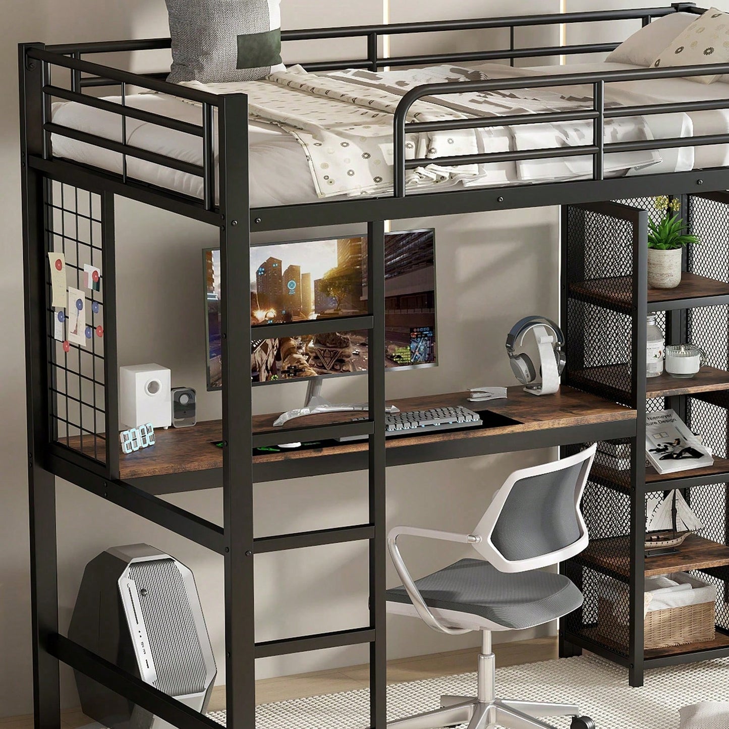 Hochbett 90x200 cm schwarz/dunkelholz - Metallgestell mit MDF-Elementen - Inkl. Schreibtisch & Regalschrank mit Ablageebenen - Sicher mit Metallgitter & stabiler Leiter - Kinderbett, Jugendbett