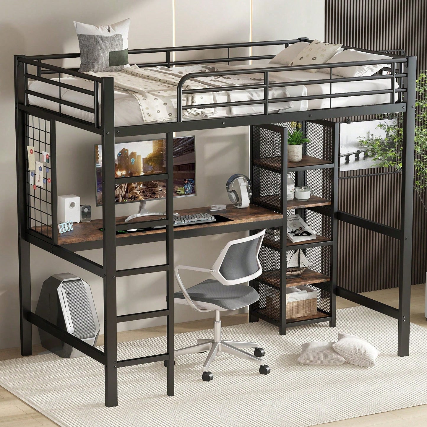 Hochbett 90x200 cm schwarz/dunkelholz - Metallgestell mit MDF-Elementen - Inkl. Schreibtisch & Regalschrank mit Ablageebenen - Sicher mit Metallgitter & stabiler Leiter - Kinderbett, Jugendbett