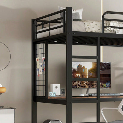 Hochbett 90x200 cm schwarz/dunkelholz - Metallgestell mit MDF-Elementen - Inkl. Schreibtisch & Regalschrank mit Ablageebenen - Sicher mit Metallgitter & stabiler Leiter - Kinderbett, Jugendbett