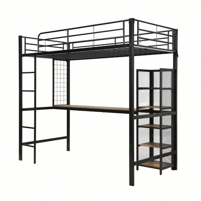 Hochbett 90x200 cm schwarz/dunkelholz - Metallgestell mit MDF-Elementen - Inkl. Schreibtisch & Regalschrank mit Ablageebenen - Sicher mit Metallgitter & stabiler Leiter - Kinderbett, Jugendbett