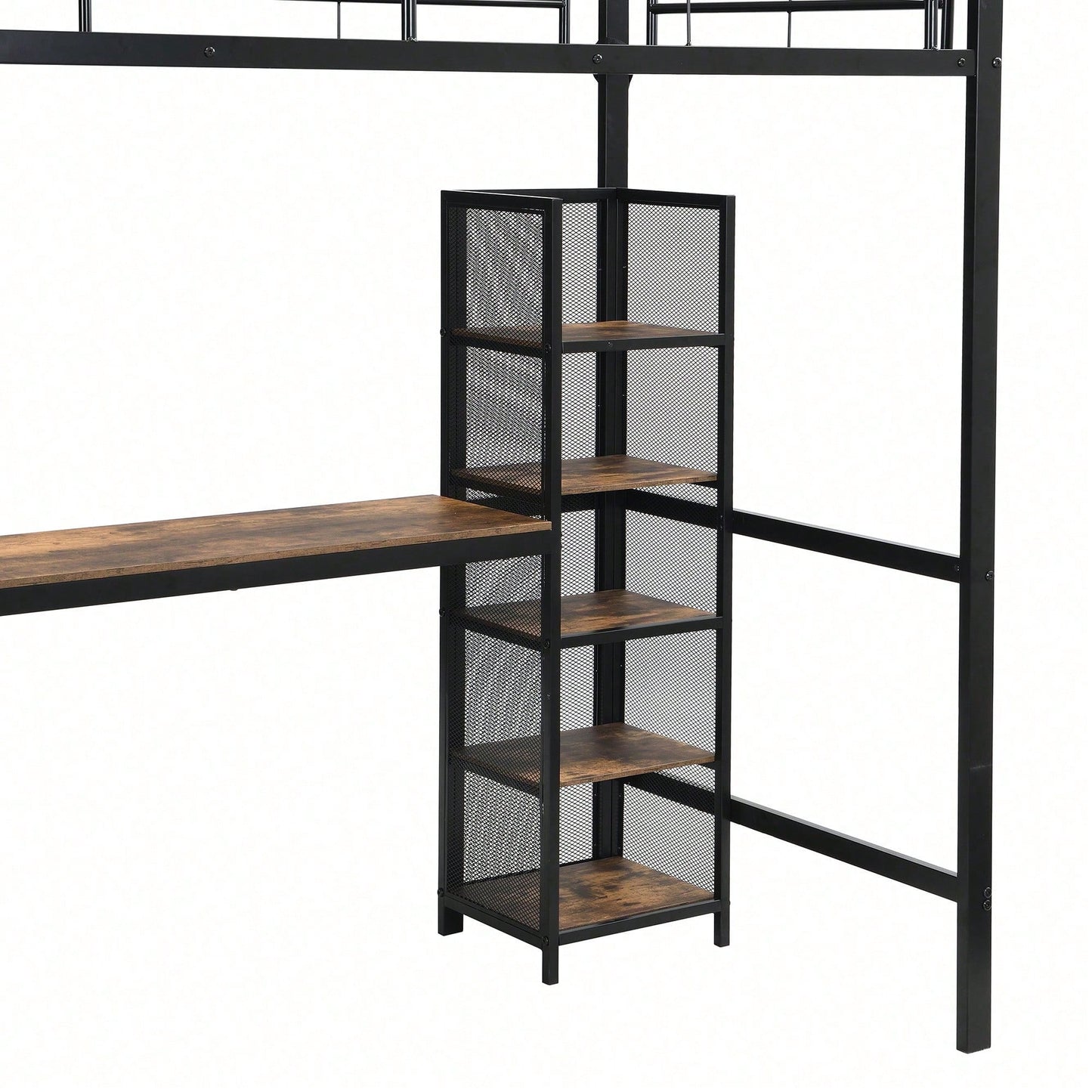Hochbett 90x200 cm schwarz/dunkelholz - Metallgestell mit MDF-Elementen - Inkl. Schreibtisch & Regalschrank mit Ablageebenen - Sicher mit Metallgitter & stabiler Leiter - Kinderbett, Jugendbett