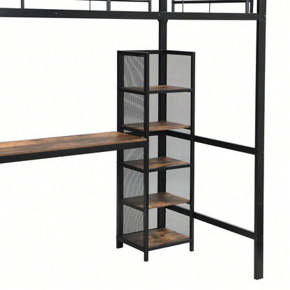 Hochbett 90x200 cm schwarz/dunkelholz - Metallgestell mit MDF-Elementen - Inkl. Schreibtisch & Regalschrank mit Ablageebenen - Sicher mit Metallgitter & stabiler Leiter - Kinderbett, Jugendbett