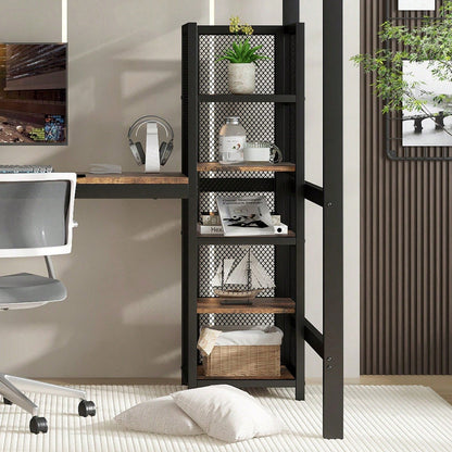 Hochbett 90x200 cm schwarz/dunkelholz - Metallgestell mit MDF-Elementen - Inkl. Schreibtisch & Regalschrank mit Ablageebenen - Sicher mit Metallgitter & stabiler Leiter - Kinderbett, Jugendbett