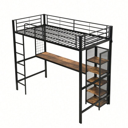 Hochbett 90x200 cm schwarz/dunkelholz - Metallgestell mit MDF-Elementen - Inkl. Schreibtisch & Regalschrank mit Ablageebenen - Sicher mit Metallgitter & stabiler Leiter - Kinderbett, Jugendbett