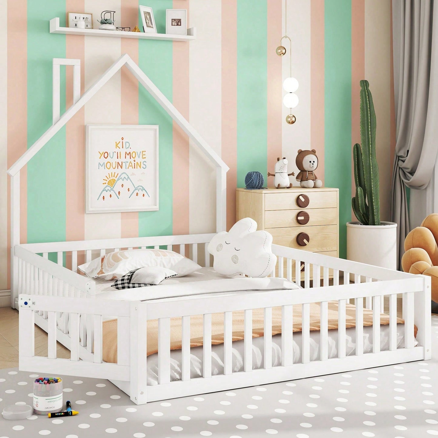 Weißes Polsterbett 140x190 cm - Kinderbett in Schornsteinform mit Lattenrost (ohne Matratze) - Minimalistisches Kiefernholz-Bett