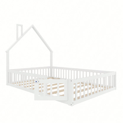 Weißes Polsterbett 140x190 cm - Kinderbett in Schornsteinform mit Lattenrost (ohne Matratze) - Minimalistisches Kiefernholz-Bett