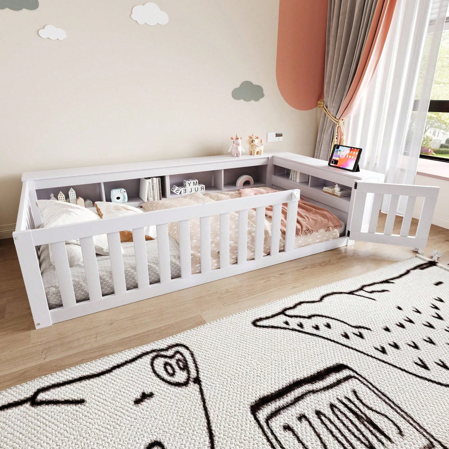 Kinderbett 90x200 cm aus Massivholz – Multifunktionales Einzelbett mit Sicherheitsgitter, Türchen & großzügigem Stauraum – Inkl. Lattenrost, Rundum-Schutz & Aufbewahrungsfächern (Weiß)