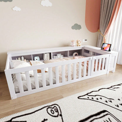 Kinderbett 90x200 cm aus Massivholz – Multifunktionales Einzelbett mit Sicherheitsgitter, Türchen & großzügigem Stauraum – Inkl. Lattenrost, Rundum-Schutz & Aufbewahrungsfächern (Weiß)