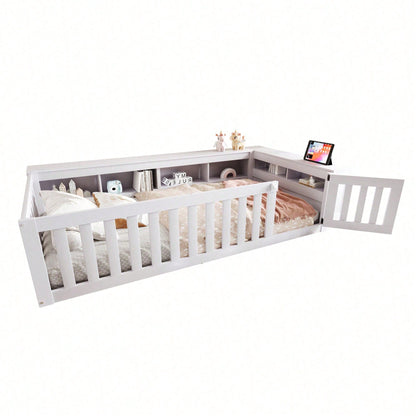 Kinderbett 90x200 cm aus Massivholz – Multifunktionales Einzelbett mit Sicherheitsgitter, Türchen & großzügigem Stauraum – Inkl. Lattenrost, Rundum-Schutz & Aufbewahrungsfächern (Weiß)