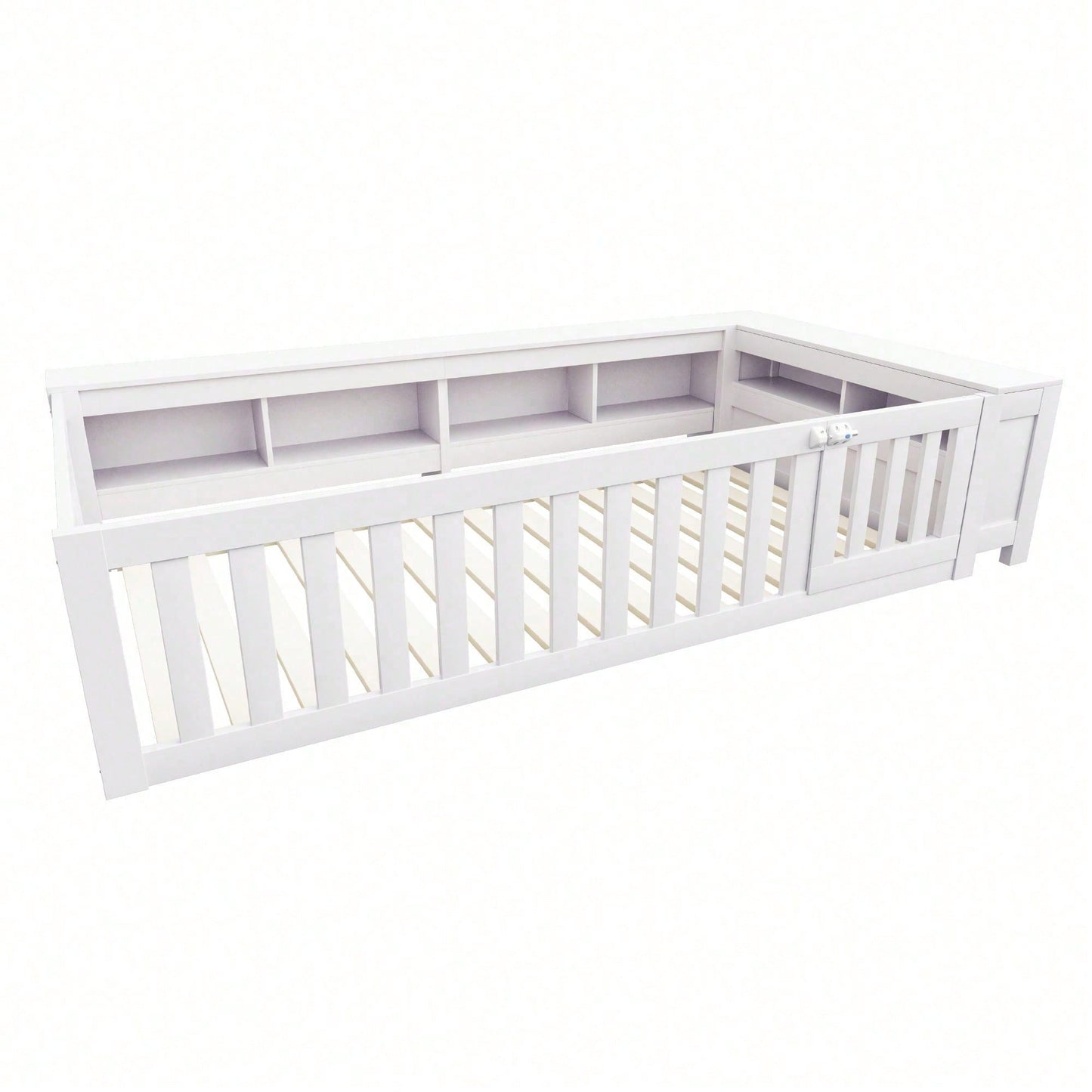 Kinderbett 90x200 cm aus Massivholz – Multifunktionales Einzelbett mit Sicherheitsgitter, Türchen & großzügigem Stauraum – Inkl. Lattenrost, Rundum-Schutz & Aufbewahrungsfächern (Weiß)