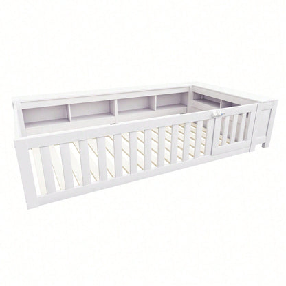 Kinderbett 90x200 cm aus Massivholz – Multifunktionales Einzelbett mit Sicherheitsgitter, Türchen & großzügigem Stauraum – Inkl. Lattenrost, Rundum-Schutz & Aufbewahrungsfächern (Weiß)